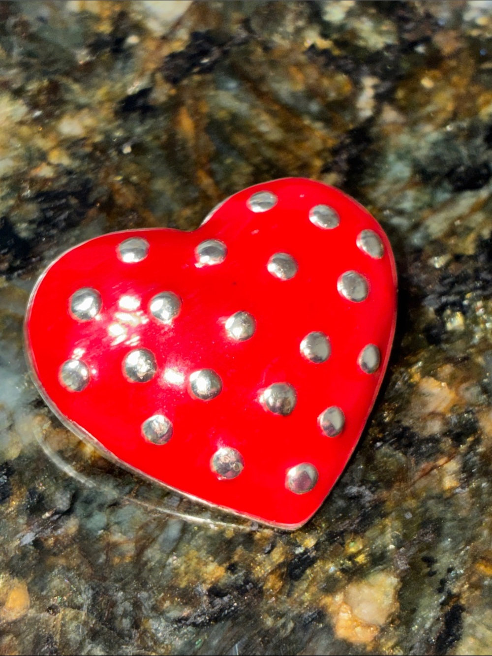 SDJ signed Red Heart Polka Dot Enamel Brooch Pin